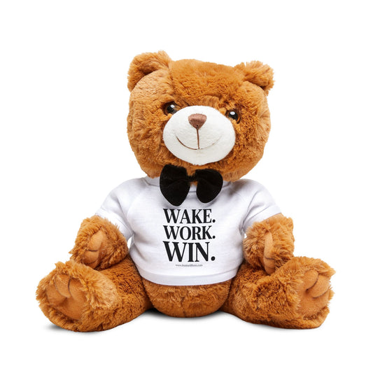 Motivational Teddy Bear – 'Wake. Work. Win.' Plush with Bow