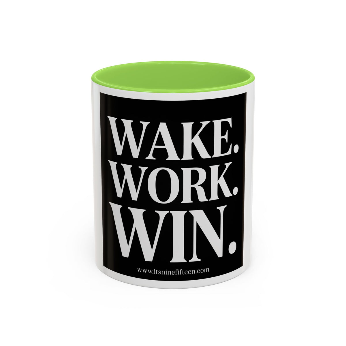 Colorful Motivational Coffee Mug - "WAKE. WORK. WIN." Black Accent 11oz/15oz